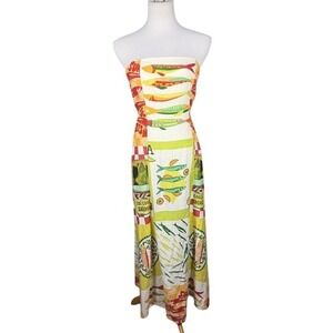 Paper Heart Sardine Print Strapless Maxi Dress XS Linen Blend TPH24034D Multi